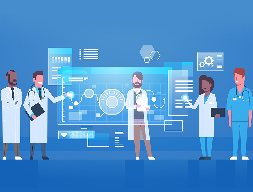  Illustration of diverse healthcare professionals interacting with futuristic digital medical interfaces, featuring data charts, health statistics, and virtual touchscreens.