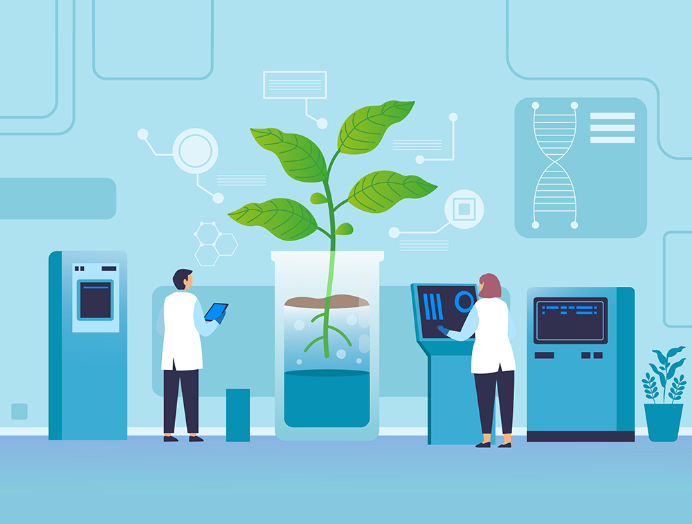 Scientists in a laboratory analyzing a large plant growing in a glass container, using digital screens and laboratory equipment, with DNA and molecular graphics in the background.