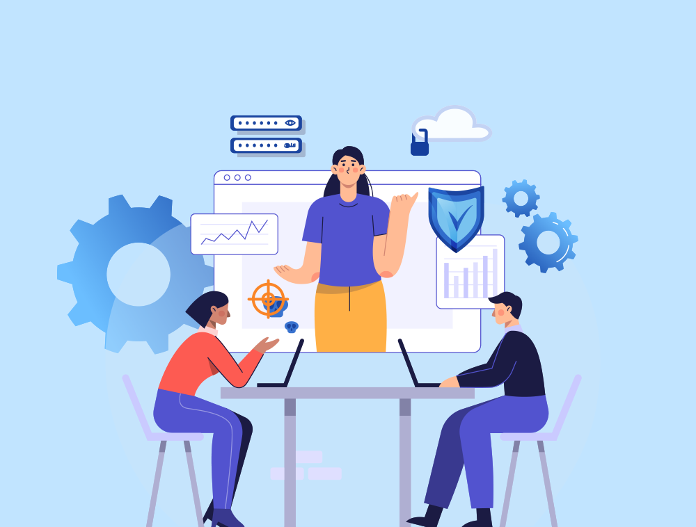  AI-powered robot with glowing light bulb symbolizing innovation, automation, and machine learning, with business professionals and gear icons representing artificial intelligence solutions and digital transformation.