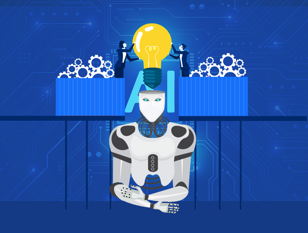  AI-powered robot with glowing light bulb symbolizing innovation, automation, and machine learning, with business professionals and gear icons representing artificial intelligence solutions and digital transformation.